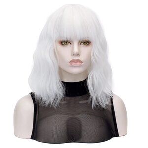 New QACCF Short White Wig - Short Wavy Pelucas Shoulder Length - Full Bang